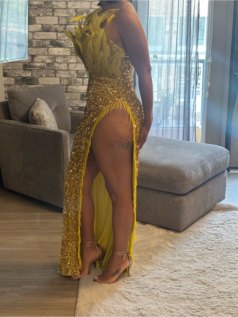 Fashion Nova Yellow Feathered Sequin Maxi Dress - Picture 5 of 6